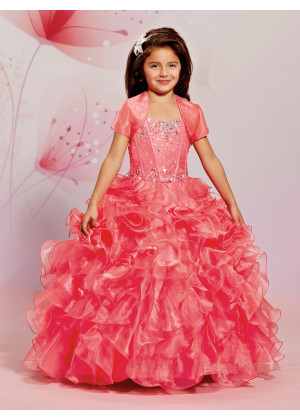 Beaded Sweetheart Neck Organza Ruffle Flower Girl Dress With Bolero